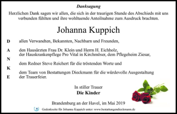 Traueranzeige von Johanna Kuppich  von Magdeburger Volksstimme