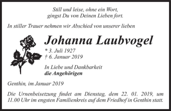 Traueranzeige von Johanna Laubvogel  von Magdeburger Volksstimme