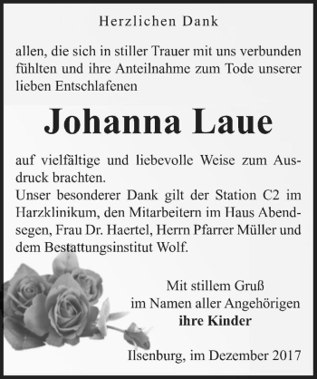 Traueranzeige von Johanna Laue  von Magdeburger Volksstimme