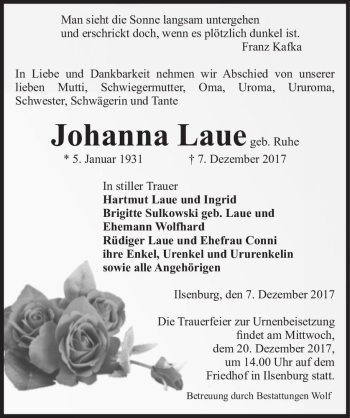 Traueranzeige von Johanna Laue (geb. Ruhe)  von Magdeburger Volksstimme