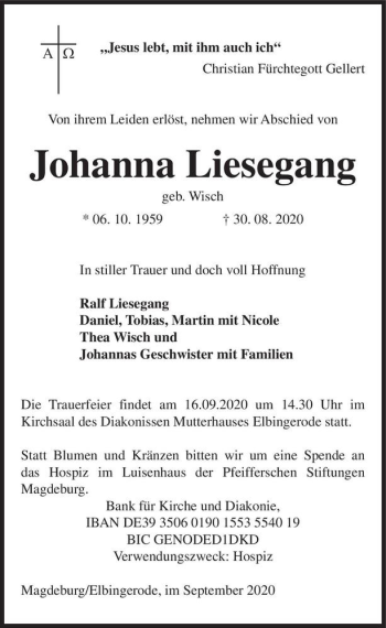 Traueranzeige von Johanna Liesegang (geb. Wisch)  von Magdeburger Volksstimme