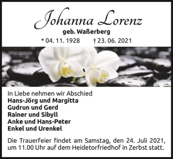 Traueranzeige von Johanna Lorenz (geb. Waßerberg)  von Magdeburger Volksstimme