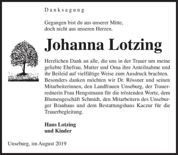 Traueranzeige von Johanna Lotzing  von Magdeburger Volksstimme