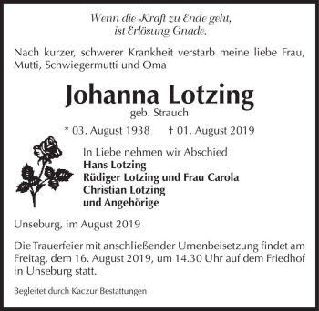 Traueranzeige von Johanna Lotzing (geb. Strauch)  von Magdeburger Volksstimme