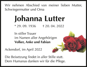 Traueranzeige von Johanna Lutter  von Magdeburger Volksstimme