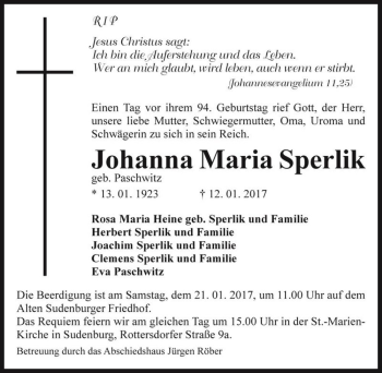 Traueranzeige von Johanna Maria Sperlik (geb. Paschwitz)  von Magdeburger Volksstimme
