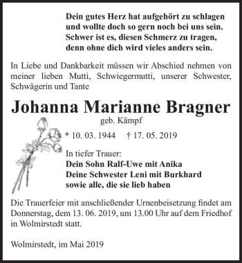 Traueranzeige von Johanna Marianne Bragner (geb. Kämpf)  von Magdeburger Volksstimme