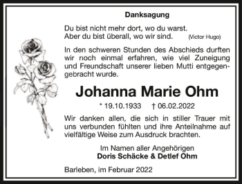 Traueranzeige von Johanna Marie Ohm  von Magdeburger Volksstimme