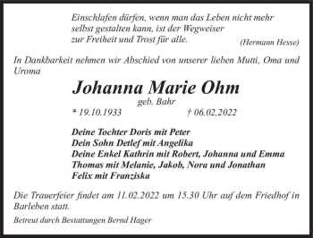 Traueranzeige von Johanna Marie Ohm (geb. Bahr)  von Magdeburger Volksstimme