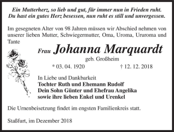 Traueranzeige von Johanna Marquardt (geb. Großheim)  von Magdeburger Volksstimme