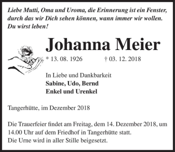 Traueranzeige von Johanna Meier  von Magdeburger Volksstimme