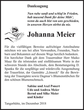 Traueranzeige von Johanna Meier  von Magdeburger Volksstimme
