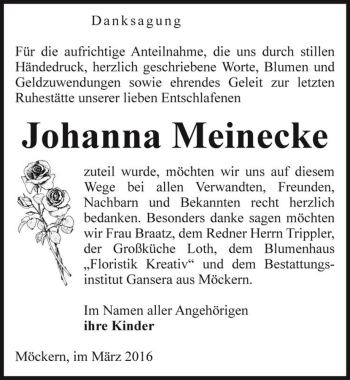 Traueranzeige von Johanna Meinecke  von Magdeburger Volksstimme