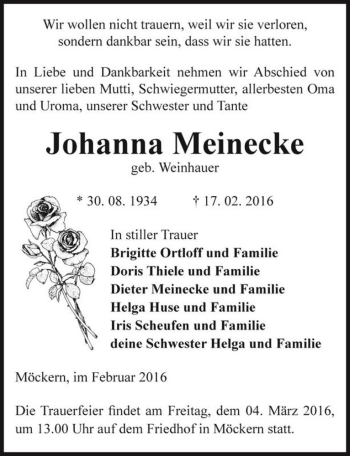 Traueranzeige von Johanna Meinecke (geb. Weinhauer)  von Magdeburger Volksstimme