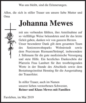 Traueranzeige von Johanna Mewes  von Magdeburger Volksstimme
