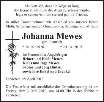 Traueranzeige von Johanna Mewes (geb. Lautrich)  von Magdeburger Volksstimme