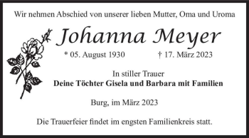 Traueranzeige von Johanna Meyer  von Magdeburger Volksstimme