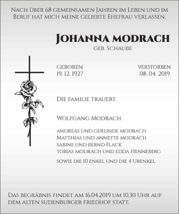 Traueranzeige von Johanna Modrach (geb. Schaube)  von Magdeburger Volksstimme