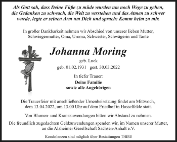 Traueranzeige von Johanna Moring (geb. Luck)  von Magdeburger Volksstimme