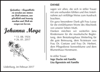 Traueranzeige von Johanna Moye  von Magdeburger Volksstimme