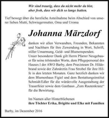 Traueranzeige von Johanna Märzdorf  von Magdeburger Volksstimme