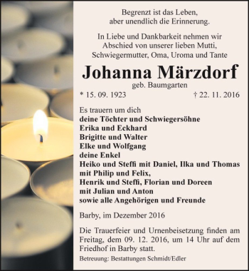 Traueranzeige von Johanna Märzdorf (geb. Baumgarten)  von Magdeburger Volksstimme