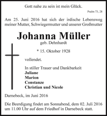 Traueranzeige von Johanna Müller (geb. Dehnhardt)  von Magdeburger Volksstimme