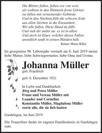 Traueranzeige von Johanna Müller (geb. Fraedrich)  von Magdeburger Volksstimme