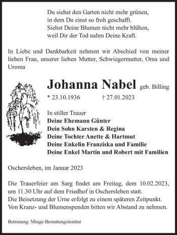 Traueranzeige von Johanna Nabel (geb. Billing)  von Magdeburger Volksstimme