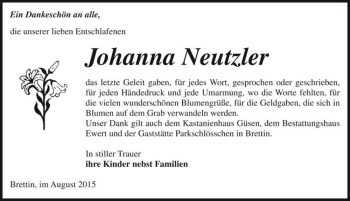 Traueranzeige von Johanna Neutzler  von Magdeburger Volksstimme