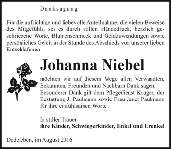 Traueranzeige von Johanna Niebel  von Magdeburger Volksstimme