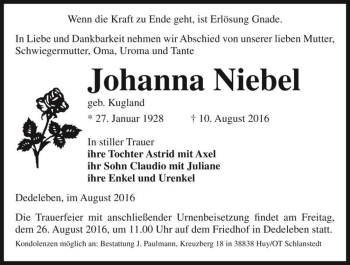 Traueranzeige von Johanna Niebel (geb. Kugland)  von Magdeburger Volksstimme