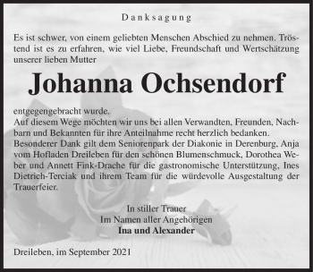 Traueranzeige von Johanna Ochsendorf  von Magdeburger Volksstimme