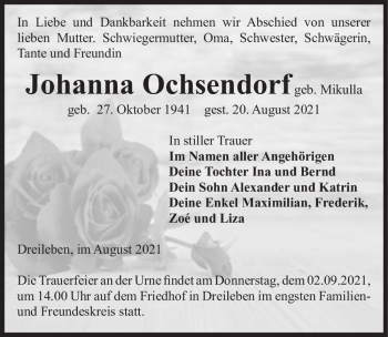 Traueranzeige von Johanna Ochsendorf (geb. Mikulla)  von Magdeburger Volksstimme