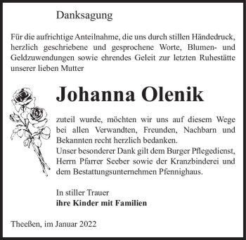 Traueranzeige von Johanna Olenik  von Magdeburger Volksstimme