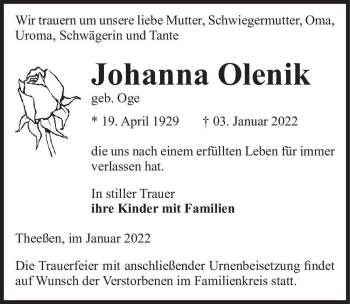 Traueranzeige von Johanna Olenik (geb. Oge)  von Magdeburger Volksstimme