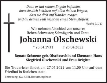 Traueranzeige von Johanna Olschewski  von Magdeburger Volksstimme