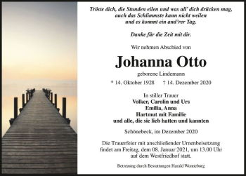 Traueranzeige von Johanna Otto (geb. Lindemann)  von Magdeburger Volksstimme