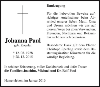 Traueranzeige von Johanna Paul (geb. Kogeler)  von Magdeburger Volksstimme