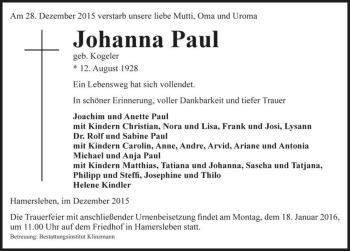 Traueranzeige von Johanna Paul (geb. Kogeler)  von Magdeburger Volksstimme