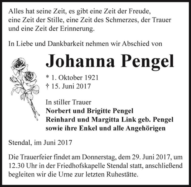  Traueranzeige für Johanna Pengel  vom 22.06.2017 aus Magdeburger Volksstimme