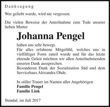 Traueranzeige von Johanna Pengel  von Magdeburger Volksstimme