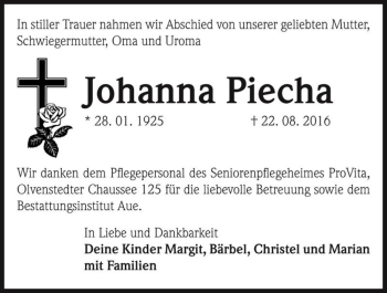 Traueranzeige von Johanna Piecha  von Magdeburger Volksstimme