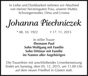 Traueranzeige von Johanna Piechniczek  von Magdeburger Volksstimme