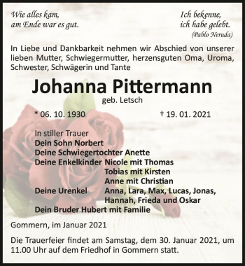 Traueranzeige von Johanna Pittermann (geb. Letsch)  von Magdeburger Volksstimme