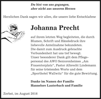 Traueranzeige von Johanna Precht  von Magdeburger Volksstimme