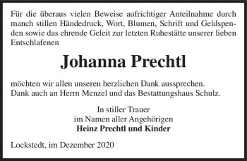 Traueranzeige von Johanna Prechtl  von Magdeburger Volksstimme