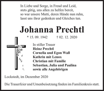 Traueranzeige von Johanna Prechtl  von Magdeburger Volksstimme