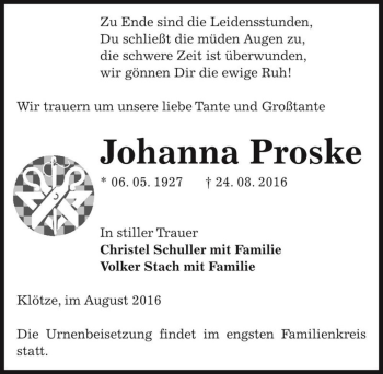 Traueranzeige von Johanna Proske  von Magdeburger Volksstimme
