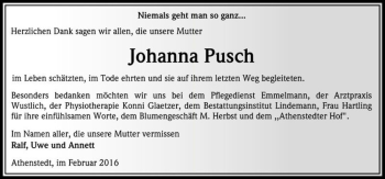Traueranzeige von Johanna Pusch  von Magdeburger Volksstimme